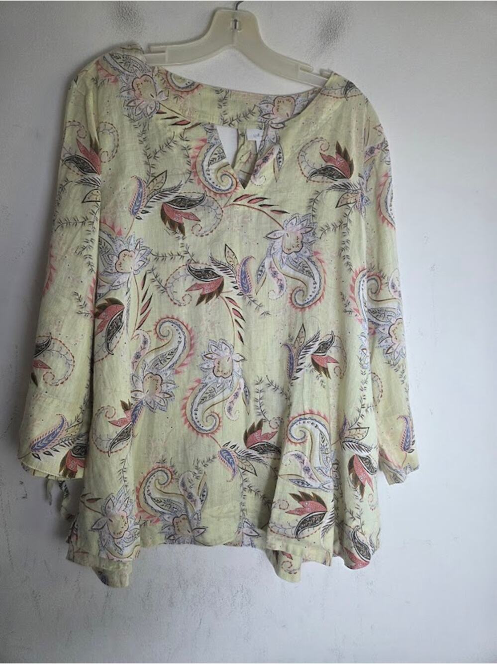J.Jill Love Linen Yellow w/Floral Print V-Neck 100% Linen Blouse size XL